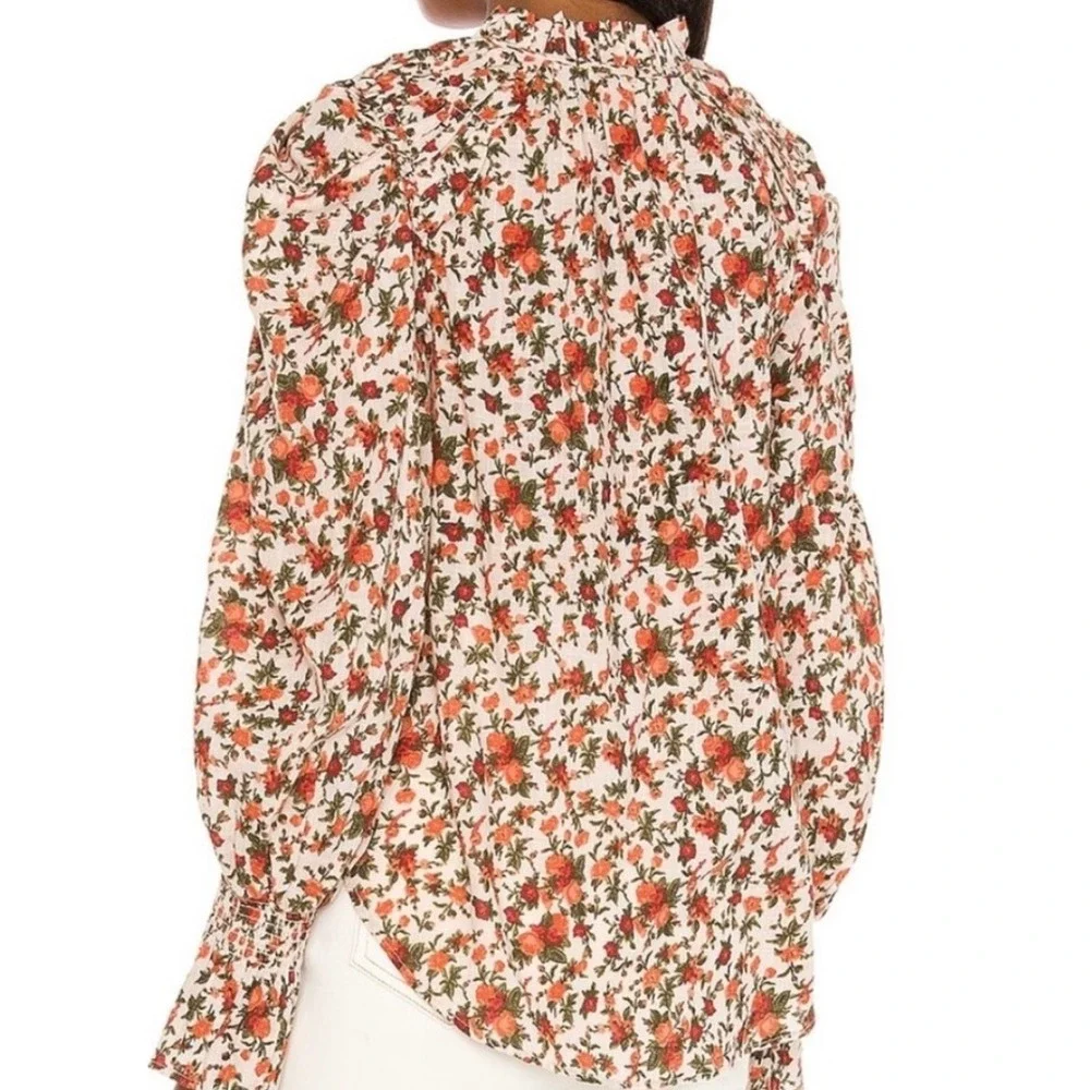 Free‎ People Floral Blouse with Tie Neck Long Sleeve Smocked  Ruffle Cuffs XS